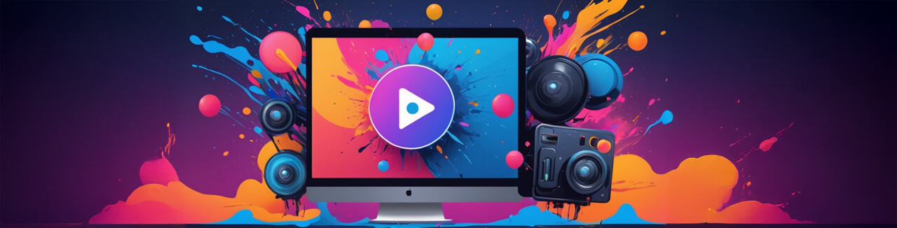 Värikäs bannero, jossa on näyttö ja kamera.